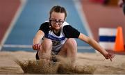 20 March 2022; Cara Ryan of Clonmel AC, Tipperary, competing in the women's U13 Long Jump during day two of the Irish Life Health National Juvenile Indoors at the Athlone Institute of Technology in Athlone, Westmeath. Photo by Ben McShane/Sportsfile