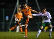 22 March 2022; Jimmy Carr of Republic of Ireland Amateur Selection in action against James Furlong of Republic of Ireland U20's during the friendly match between Republic of Ireland U20's and Republic of Ireland Amateur Selection at Home Farm FC in Dublin. Photo by Harry Murphy/Sportsfile