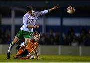 22 March 2022; Kian Leavy of Republic of Ireland U20's is tackled by Jimmy Carr of Republic of Ireland Amateur Selection during the friendly match between Republic of Ireland U20's and Republic of Ireland Amateur Selection at Home Farm FC in Dublin. Photo by Harry Murphy/Sportsfile