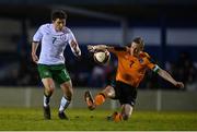 22 March 2022; Kian Leavy of Republic of Ireland U20's is tackled by Jimmy Carr of Republic of Ireland Amateur Selection during the friendly match between Republic of Ireland U20's and Republic of Ireland Amateur Selection at Home Farm FC in Dublin. Photo by Harry Murphy/Sportsfile