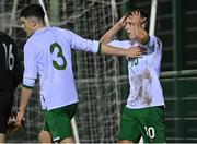 22 March 2022; Darragh Burns, right, and Zak Delaney of Republic of Ireland U20's react to a missed shot at goal during the friendly match between Republic of Ireland U20's and Republic of Ireland Amateur Selection at Home Farm FC in Dublin. Photo by Harry Murphy/Sportsfile