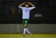 22 March 2022; Dylan Duffy of Republic of Ireland U20's reacts to a missed shot on goal during the friendly match between Republic of Ireland U20's and Republic of Ireland Amateur Selection at Home Farm FC in Dublin. Photo by Harry Murphy/Sportsfile
