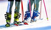 23 March 2022; A detailed view of the skis worn by Team Ireland athletes Kailey Murphy, left, and Megan Ryan before the Girls Parallel Slalom event during day four of the 2022 European Youth Winter Olympic Festival in Vuokatti, Finland. Photo by Eóin Noonan/Sportsfile