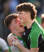 23 March 2022; Paul Wilson of Gonzaga College celebrates with injured player Davy Colbert after the Bank of Ireland Leinster Rugby Schools Senior Cup Semi-Final match between Gonzaga College and St Mary's College at Energia Park in Dublin. Photo by Daire Brennan/Sportsfile