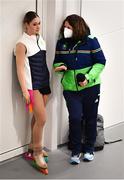 23 March 2022; Elizabeth Golding of Team Ireland speaking to Team Ireland communications manager Heather Boyle after competing in the Girls Short Program event during day four of the 2022 European Youth Winter Olympic Festival in Vuokatti, Finland. Photo by Eóin Noonan/Sportsfile