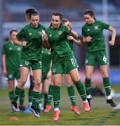 23 March 2022; Republic of Ireland players Abbie Larkin, left, and Lia O'Leary during the warm-up before UEFA EURO2022 Women's Under-17 Round 2 qualifying match between Republic of Ireland and Slovakia at Tallaght Stadium in Dublin. Photo by Piaras Ó Mídheach/Sportsfile