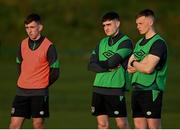 23 March 2022; League of Ireland players, from left, Darragh Burns, Dawson Devoy and Andy Lyons during a Republic of Ireland U21's training session at FAI National Training Centre in Abbotstown, Dublin. Photo by Harry Murphy/Sportsfile