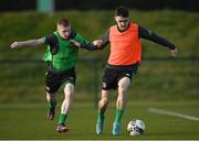 23 March 2022; Dawson Devoy and Ross Tierney during a Republic of Ireland U21's training session at FAI National Training Centre in Abbotstown, Dublin. Photo by Harry Murphy/Sportsfile