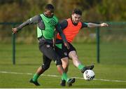 23 March 2022; Mipo Odubeko, left, and Eiran Cashin during a Republic of Ireland U21's training session at FAI National Training Centre in Abbotstown, Dublin. Photo by Harry Murphy/Sportsfile