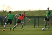 23 March 2022; Andy Lyons, centre, and Gavin Kilkenny during a Republic of Ireland U21's training session at FAI National Training Centre in Abbotstown, Dublin. Photo by Harry Murphy/Sportsfile