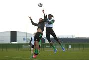 23 March 2022; JJ Kayode and Oisin McEntee during a Republic of Ireland U21's training session at FAI National Training Centre in Abbotstown, Dublin. Photo by Harry Murphy/Sportsfile