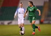 23 March 2022; Lia O'Leary of Republic of Ireland gets away from Adela Vasáková of Slovakia during the UEFA EURO2022 Women's Under-17 Round 2 qualifying match between Republic of Ireland and Slovakia at Tallaght Stadium in Dublin. Photo by Piaras Ó Mídheach/Sportsfile