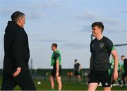 23 March 2022; Gavin Kilkenny and manager Jim Crawford during a Republic of Ireland U21's training session at FAI National Training Centre in Abbotstown, Dublin. Photo by Harry Murphy/Sportsfile