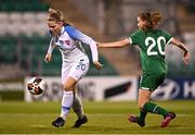 23 March 2022; Ela Zigová of Slovakia in action against Jodie Loughrey of Republic of Ireland during the UEFA EURO2022 Women's Under-17 Round 2 qualifying match between Republic of Ireland and Slovakia at Tallaght Stadium in Dublin. Photo by Piaras Ó Mídheach/Sportsfile