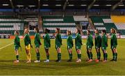 23 March 2022; Republic of Ireland players stand for Amhrán na bhFiann before the UEFA EURO2022 Women's Under-17 Round 2 qualifying match between Republic of Ireland and Slovakia at Tallaght Stadium in Dublin. Photo by Piaras Ó Mídheach/Sportsfile