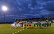 23 March 2022; Players and match officials before the playing of the national anthems before the UEFA EURO2022 Women's Under-17 Round 2 qualifying match between Republic of Ireland and Slovakia at Tallaght Stadium in Dublin. Photo by Piaras Ó Mídheach/Sportsfile