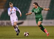 23 March 2022; Lia O'Leary of Republic of Ireland in action against Adela Vasáková of Slovakia during the UEFA EURO2022 Women's Under-17 Round 2 qualifying match between Republic of Ireland and Slovakia at Tallaght Stadium in Dublin. Photo by Piaras Ó Mídheach/Sportsfile