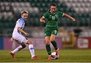 23 March 2022; Lia O'Leary of Republic of Ireland gets away from Sára Straková of Slovakia during the UEFA EURO2022 Women's Under-17 Round 2 qualifying match between Republic of Ireland and Slovakia at Tallaght Stadium in Dublin. Photo by Piaras Ó Mídheach/Sportsfile