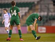 23 March 2022; Aoife Kelly of Republic of Ireland reacts after heading wide during the UEFA EURO2022 Women's Under-17 Round 2 qualifying match between Republic of Ireland and Slovakia at Tallaght Stadium in Dublin. Photo by Piaras Ó Mídheach/Sportsfile