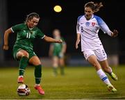 23 March 2022; Lia O'Leary of Republic of Ireland in action against Jana Belicová of Slovakia during the UEFA EURO2022 Women's Under-17 Round 2 qualifying match between Republic of Ireland and Slovakia at Tallaght Stadium in Dublin. Photo by Piaras Ó Mídheach/Sportsfile