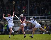 20 March 2022; Derek McNicholas of Westmeath shoots under pressure from Mark Delaney, left, and Cathal Derivan of Kildare during the Allianz Hurling League Division 2A match between Kildare and Westmeath at St Conleth's Park in Newbridge, Kildare. Photo by Piaras Ó Mídheach/Sportsfile