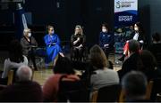 23 March 2022; Deirdre Mongan, Chairperson of the IWA-Sport Women in Sport committee, centre, speaks at the IWA Sport launch Women in Sport Strategy at the IWA Sports Centre in Dublin. Photo by Harry Murphy/Sportsfile