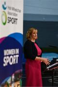 23 March 2022; Dr Una May, CEO Sport Ireland, speaks at the IWA Sport launch Women in Sport Strategy at the IWA Sports Centre in Dublin. Photo by Harry Murphy/Sportsfile