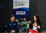 23 March 2022; Nora Stapleton, Sport Ireland Women in Sport Lead, right, speaks alongside Cork Rebel Wheelers player Jade Hurley at the IWA Sport launch Women in Sport Strategy at the IWA Sports Centre in Dublin. Photo by Harry Murphy/Sportsfile
