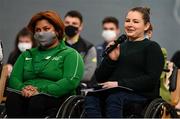 23 March 2022; Paralympian Kerrie Leonard, right, speaks alongside Britney Arendse at the IWA Sport launch Women in Sport Strategy at the IWA Sports Centre in Dublin. Photo by Harry Murphy/Sportsfile