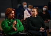 23 March 2022; Paralympian Britney Arendse, left, speaks alongside Kerrie Leonard  at the IWA Sport launch Women in Sport Strategy at the IWA Sports Centre in Dublin. Photo by Harry Murphy/Sportsfile