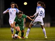 23 March 2022; Lia O'Leary of Republic of Ireland in action against Darina Hrúziková, left, and Jana Belicová of Slovakia during the UEFA EURO2022 Women's Under-17 Round 2 qualifying match between Republic of Ireland and Slovakia at Tallaght Stadium in Dublin. Photo by Piaras Ó Mídheach/Sportsfile
