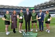 24 March 2022; In attendance during the John West Féile 2022 Launch are, from left, John West Féile Ambassador and Cork Camogie player Amy Lee, Camogie Association Chief Executive Officer Sinéad McNulty, John West Féile Ambassador and Mayo footballer Lee Keegan, Uachtarán Chumann Lúthchleas Gael Larry McCarthy, John West Féile Ambassador and Limerick hurler Seán Finn, Uachtarán Cumann Peil Gael na mBan, Mícheál Naughton, and John West Féile Ambassador and Dublin footballer Niamh Collins at Croke Park in Dublin. Photo by Sam Barnes/Sportsfile