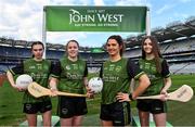 24 March 2022; In attendance during the John West Féile 2022 Launch are, from left, Aoife Moran of Whitehall Colmcille, John West Féile Ambassador and Cork Camogie player Amy Lee, John West Féile Ambassador and Dublin footballer Niamh Collins, and Orlaith O'Neill of Whitehall Colmcille at Croke Park in Dublin. Photo by Sam Barnes/Sportsfile