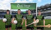 24 March 2022; In attendance during the John West Féile 2022 Launch are, from left, Reece Byrne of Whitehall Colmcille, John West Féile Ambassador and Mayo footballer Lee Keegan, John West Féile Ambassador and Limerick hurler Seán Finn and Killian Green of Whitehall Colmcille at Croke Park in Dublin. Photo by Sam Barnes/Sportsfile