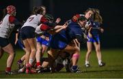 21 March 2022; Aimee Breen of Metro is tackled by Isobel Clarke of Midlands during the Bank of Ireland Leinster Rugby U18 Sarah Robinson Cup 4th round match between Midlands and Metro at Maynooth University in Maynooth, Kildare. Photo by Piaras Ó Mídheach/Sportsfile