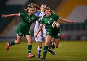 23 March 2022; Orlaith O'Mahony of Republic of Ireland, supported by teammate Tara O'Hanlon, gets away from Linda Hlavinková of Slovakia during the UEFA EURO2022 Women's Under-17 Round 2 qualifying match between Republic of Ireland and Slovakia at Tallaght Stadium in Dublin. Photo by Piaras Ó Mídheach/Sportsfile