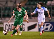 23 March 2022; Katie McCarn of Republic of Ireland in action against Aneta Surová of Slovakia during the UEFA EURO2022 Women's Under-17 Round 2 qualifying match between Republic of Ireland and Slovakia at Tallaght Stadium in Dublin. Photo by Piaras Ó Mídheach/Sportsfile