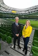 24 March 2022; Republic of Ireland legend Mick McCarthy has been unveiled as the Irish Cancer Society’s Official Ambassador for Daffodil Day 2022. The ex-manager and captain of Ireland is pictured at north stand of the Aviva Stadium, with a backdrop of 44,000 seats, out of a total capacity of 50,000, to highlight the number of people diagnosed with cancer every year in Ireland. Mick will talk about his experience of cancer on Friday’s Late Late Show with Ryan Tubridy. This Daffodil Day, Friday March 25th, marks the first in three years where people can once again take to the streets to raise funds and give hope to cancer patients and their loved ones. Picture with Mick is Irish Cancer Society chief executive officer Averil Power. Photo by Seb Daly/Sportsfile