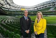 24 March 2022; Republic of Ireland legend Mick McCarthy has been unveiled as the Irish Cancer Society’s Official Ambassador for Daffodil Day 2022. The ex-manager and captain of Ireland is pictured at north stand of the Aviva Stadium, with a backdrop of 44,000 seats, out of a total capacity of 50,000, to highlight the number of people diagnosed with cancer every year in Ireland. Mick will talk about his experience of cancer on Friday’s Late Late Show with Ryan Tubridy. This Daffodil Day, Friday March 25th, marks the first in three years where people can once again take to the streets to raise funds and give hope to cancer patients and their loved ones. Picture with Mick is Irish Cancer Society chief executive officer Averil Power. Photo by Seb Daly/Sportsfile