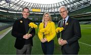 24 March 2022; Republic of Ireland legend Mick McCarthy has been unveiled as the Irish Cancer Society’s Official Ambassador for Daffodil Day 2022. The ex-manager and captain of Ireland is pictured at north stand of the Aviva Stadium, with a backdrop of 44,000 seats, out of a total capacity of 50,000, to highlight the number of people diagnosed with cancer every year in Ireland. Mick will talk about his experience of cancer on Friday’s Late Late Show with Ryan Tubridy. This Daffodil Day, Friday March 25th, marks the first in three years where people can once again take to the streets to raise funds and give hope to cancer patients and their loved ones. Picture with Mick are Late Late Show presenter Ryan Tubridy and Irish Cancer Society chief executive officer Averil Power. Photo by Seb Daly/Sportsfile