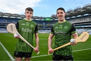 24 March 2022; John West Féile Ambassador and Limerick hurler Seán Finn, right, and Reece Byrne of Whitehall Colmcille in attendance during the John West Féile 2022 Launch at Croke Park in Dublin. Photo by Sam Barnes/Sportsfile