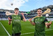 24 March 2022; John West Féile Ambassador and Limerick hurler Seán Finn, right, and Reece Byrne of Whitehall Colmcille in attendance during the John West Féile 2022 Launch at Croke Park in Dublin. Photo by Sam Barnes/Sportsfile