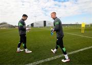 24 March 2022; Goalkeepers James Talbot, right, and Max O'Leary during a Republic of Ireland training session at the FAI National Training Centre in Abbotstown, Dublin. Photo by Stephen McCarthy/Sportsfile