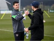 24 March 2022; Goalkeeper Max O'Leary and coach John Eustace during a Republic of Ireland training session at the FAI National Training Centre in Abbotstown, Dublin. Photo by Stephen McCarthy/Sportsfile