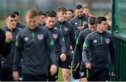 24 March 2022; Jimmy Dunne and teammates arrive for a Republic of Ireland training session at the FAI National Training Centre in Abbotstown, Dublin. Photo by Stephen McCarthy/Sportsfile