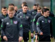 24 March 2022; Alan Browne, centre, and teammates arrive for a Republic of Ireland training session at the FAI National Training Centre in Abbotstown, Dublin. Photo by Stephen McCarthy/Sportsfile