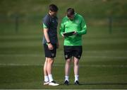 24 March 2022; Andrew Morrissey, STATSports analyst, and Dara O'Shea during a Republic of Ireland training session at the FAI National Training Centre in Abbotstown, Dublin. Photo by Stephen McCarthy/Sportsfile