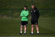 24 March 2022; Kevin Mulholland, chartered physiotherapist, left, and Danny Miller, chartered physiotherapist, during a Republic of Ireland training session at the FAI National Training Centre in Abbotstown, Dublin. Photo by Stephen McCarthy/Sportsfile