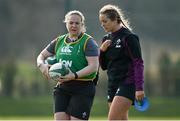 24 March 2022; Assistant coach Niamh Briggs with Stacey Flood during Ireland Women's Rugby squad training at the IRFU High Performance Centre at the Sport Ireland Campus in Dublin. Photo by Brendan Moran/Sportsfile