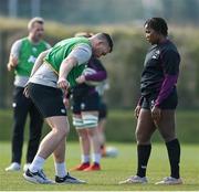 24 March 2022; Linda Djougang with assistant coach Rob Sweeney during Ireland Women's Rugby squad training at the IRFU High Performance Centre at the Sport Ireland Campus in Dublin. Photo by Brendan Moran/Sportsfile